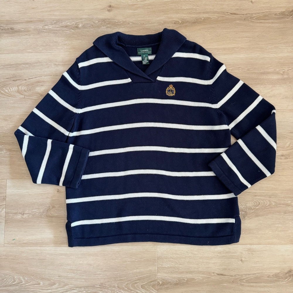 LAUREN Ralph Lauren Navy and White Stripped V-Neck Sweater